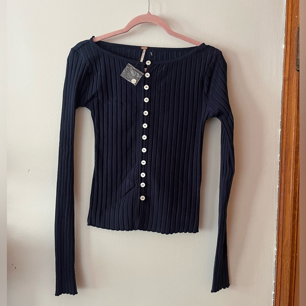 Free People Navy Ribbed Button-Down Shirt